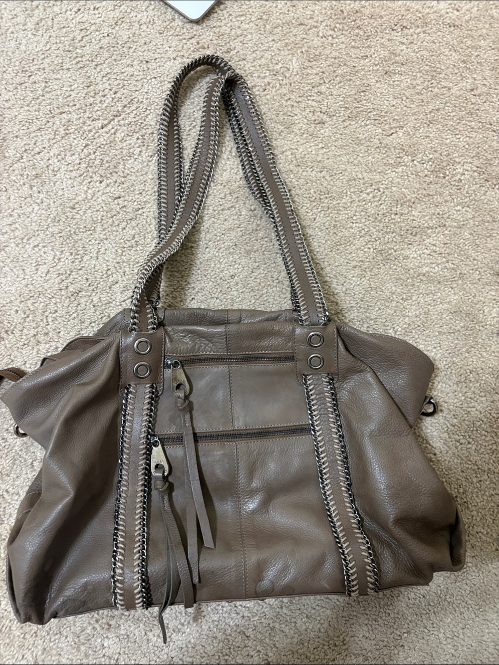 Taupe Leather Tote Handbag with Chain Trim
